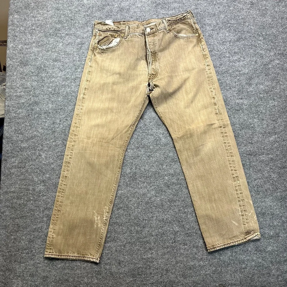 Levi's 501 Original Fit Straight Jeans Mens 34X29 Beige Denim Button Fly - Flaws